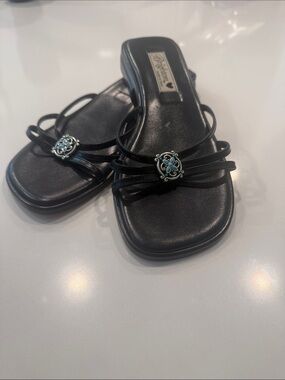 Brighton Black Slide Sandals with Silver-Tone Decorative Medallions